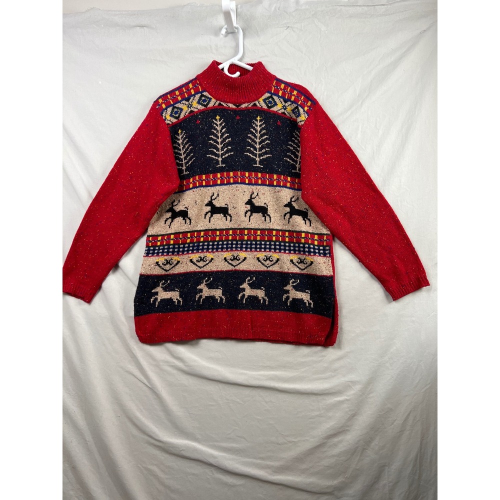 Karen Scott Sweater Womens Small Red Reindeer Fair Isle Vintage Wool Blend Mock